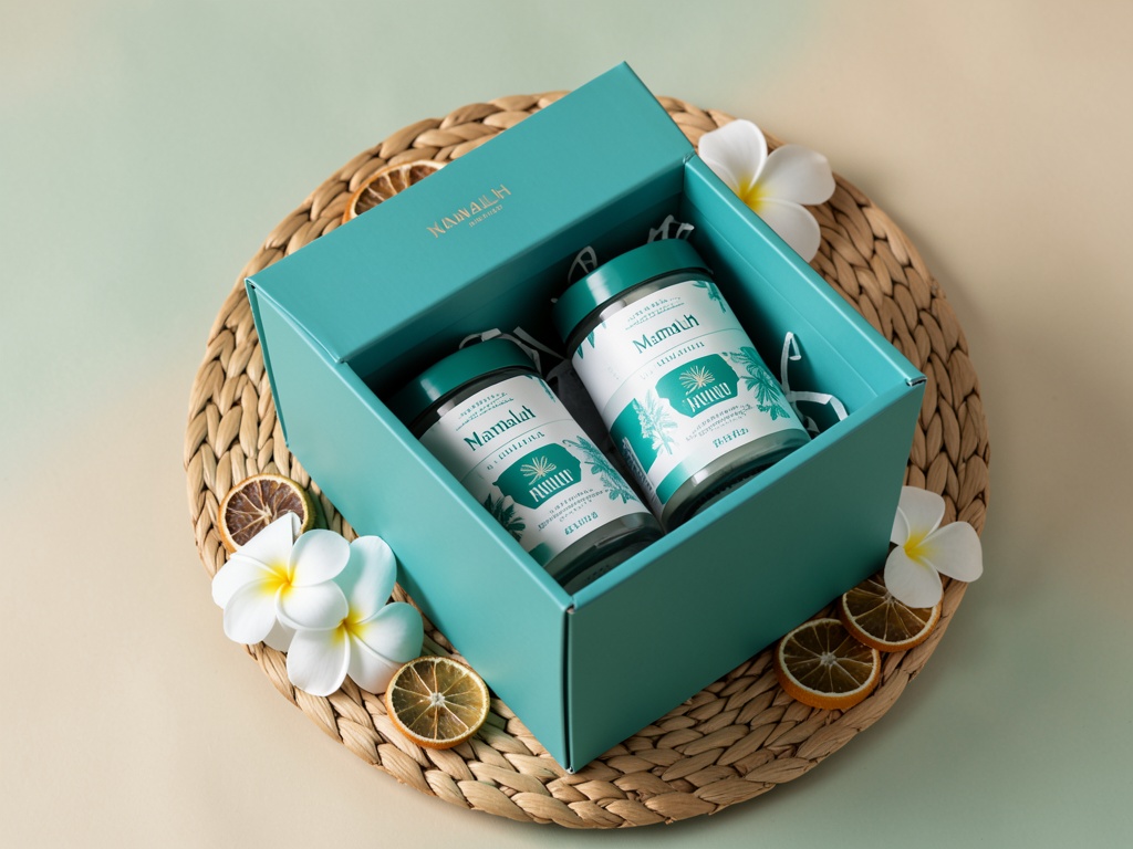 Mamaluh teal gift box with jars on a rattan tray